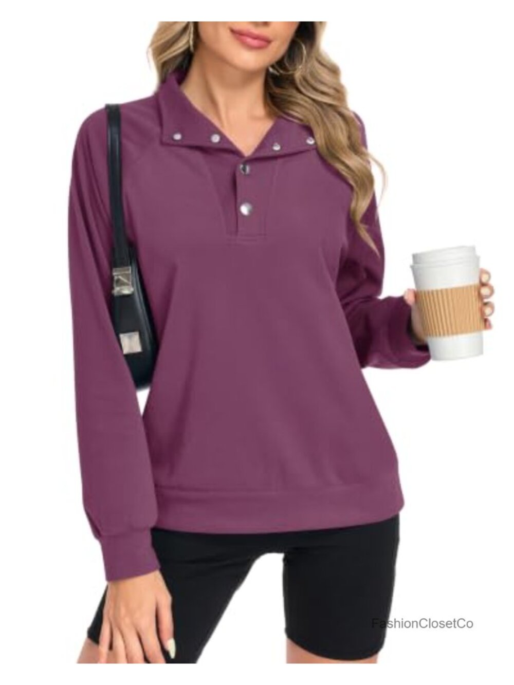Women's Henley Neck Pullover Sweatshirt Polyester Blend Long Sleeve